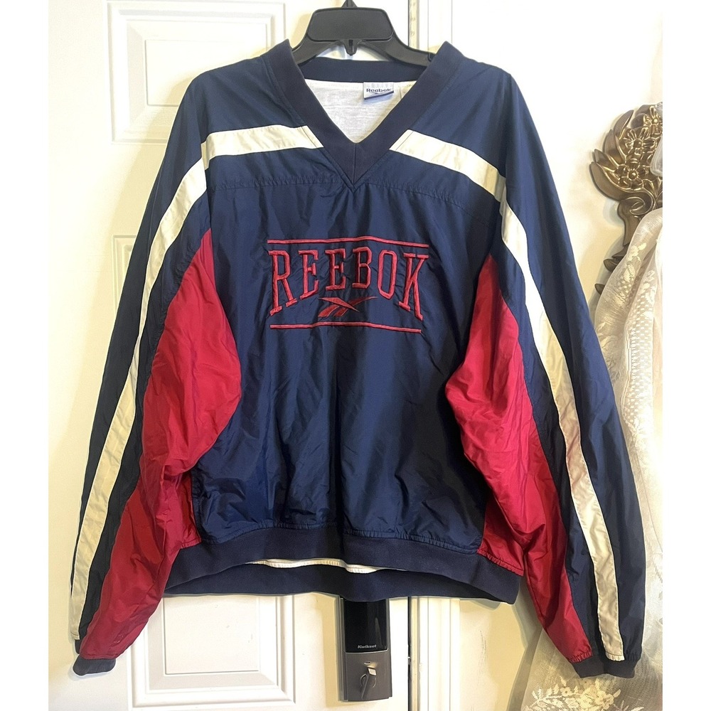 Vintage 90s Reebok Colorblock Anorak Pullover Jacket Navy Red White Mens Large L